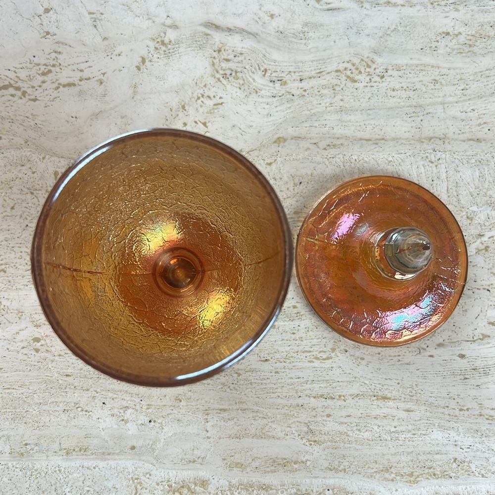 Vintage Crackle Marigold Carnival Glass Covered Footed Candy Dish - Picture 3 of 9